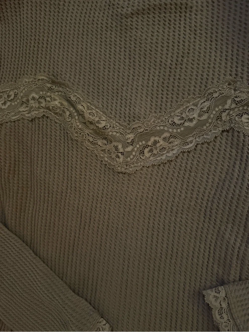 Free People Olive Waffle-Knit Lace Trim Top NWT